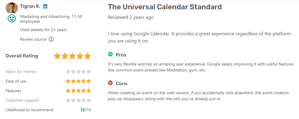 google calender rating